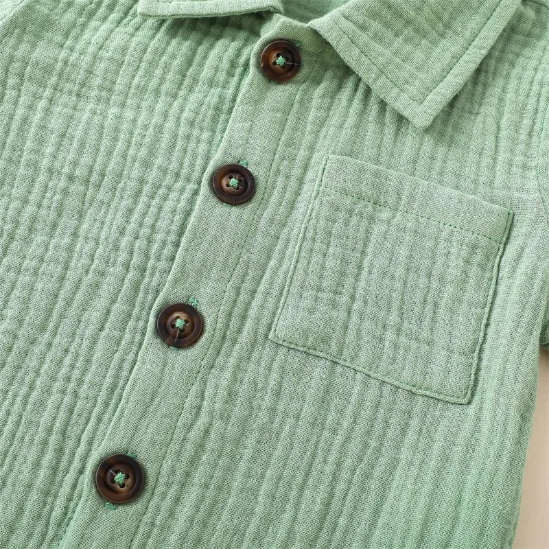 Solid short sleeve pocket button down lapel shirt and shorts set for babies in white, blue, and beige. Soft breathable fabric ideal for toddlers.