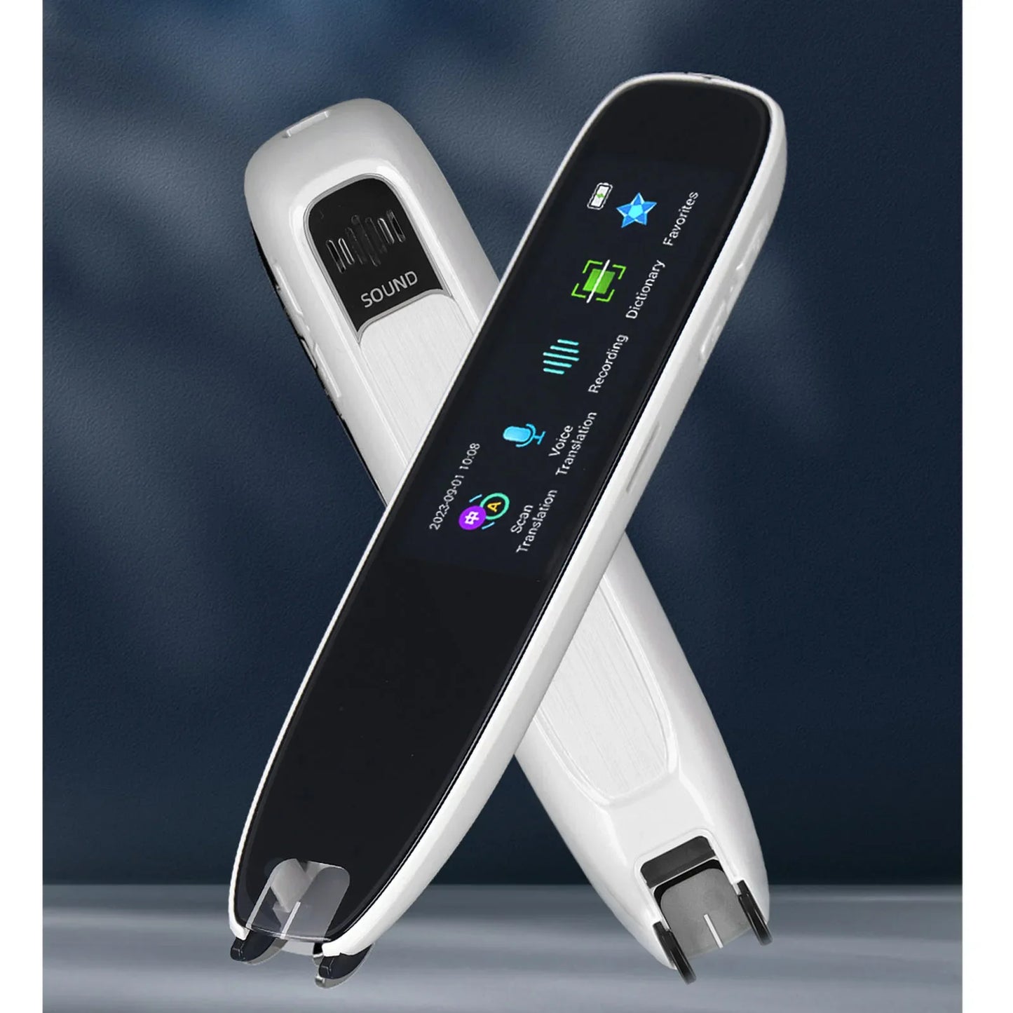 Smart Voice Translator Reader Scanner Pen scanning Chinese text from a book, displaying translation and dictionary features on screen. Ideal for multilingual reading and learning.