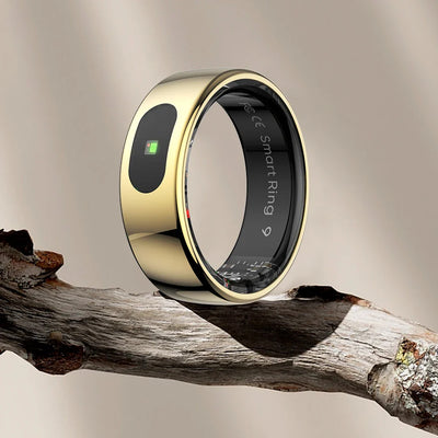 Gold Sports Fitness Tracker Ring with smart sensor, designed for daily activity tracking including steps, distance, and calories burned. Ideal for women’s fitness.
