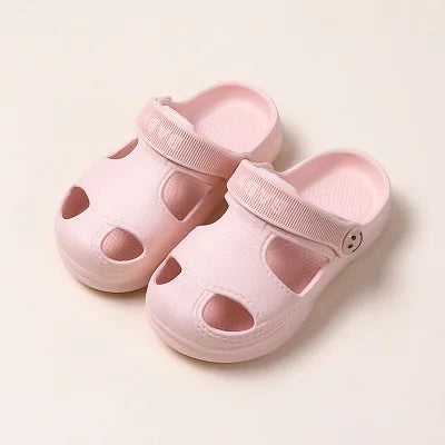 Non-slip soft beach sandals in yellow, teal, pink, and mint green with breathable hole design, ideal for summer wear for men and women.