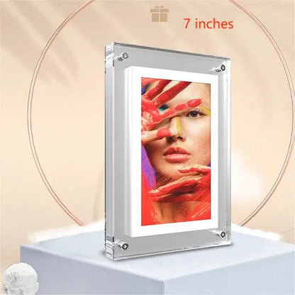 Acrylic Photo Frame - Type C Video Upload displays a winter photo of a mother and child. Clear digital frame with 480x854 IPS screen for vivid playback.