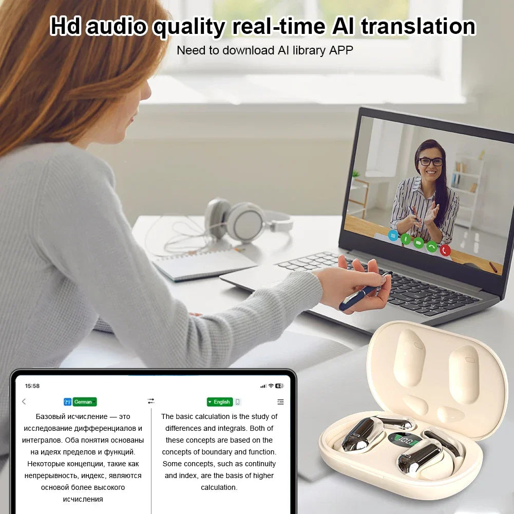 3-in-1 AI Translator Earbuds with wireless charging case shown on desk during a video call. Ideal for real-time translation and noise-cancelling use.