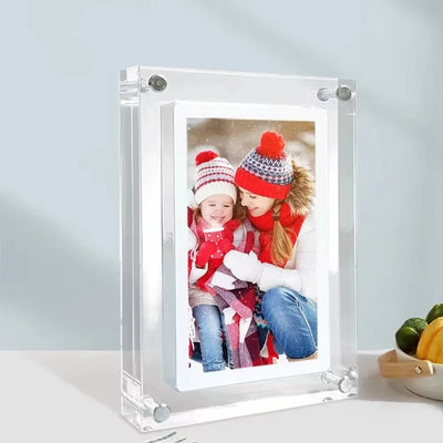 Acrylic Photo Frame - Type C Video Upload displays a winter photo of a mother and child. Clear digital frame with 480x854 IPS screen for vivid playback.