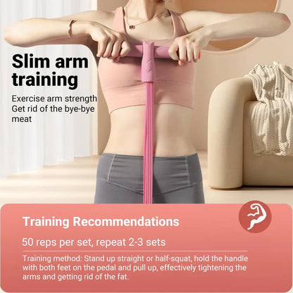 Resistance Bands Set - 6-Tube Bands in pink and gray with foot pedals and T-bar handle. Ideal for versatile strength training and home workouts.