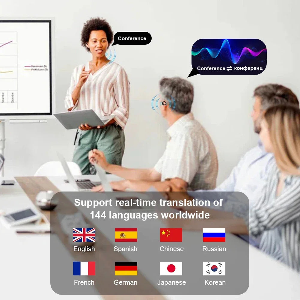 3-in-1 AI Translator Earbuds with wireless charging case shown on desk during a video call. Ideal for real-time translation and noise-cancelling use.
