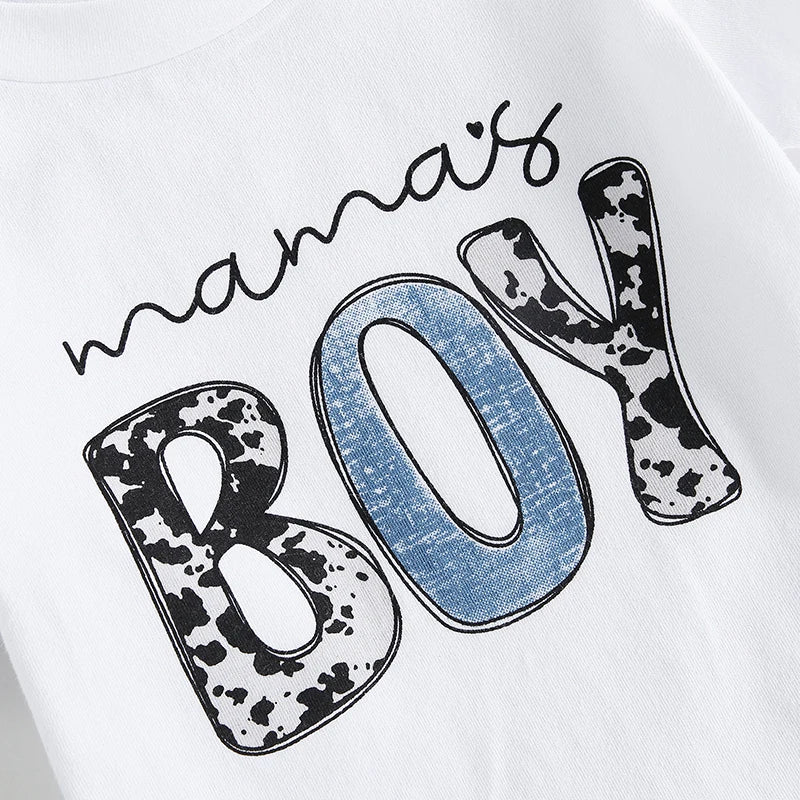 Cotton Short Sleeve Print T-shirts + Elastic Shorts set for toddlers featuring 'Mama's Boy' text and blue drawstring shorts. Ideal for 0-3 years.