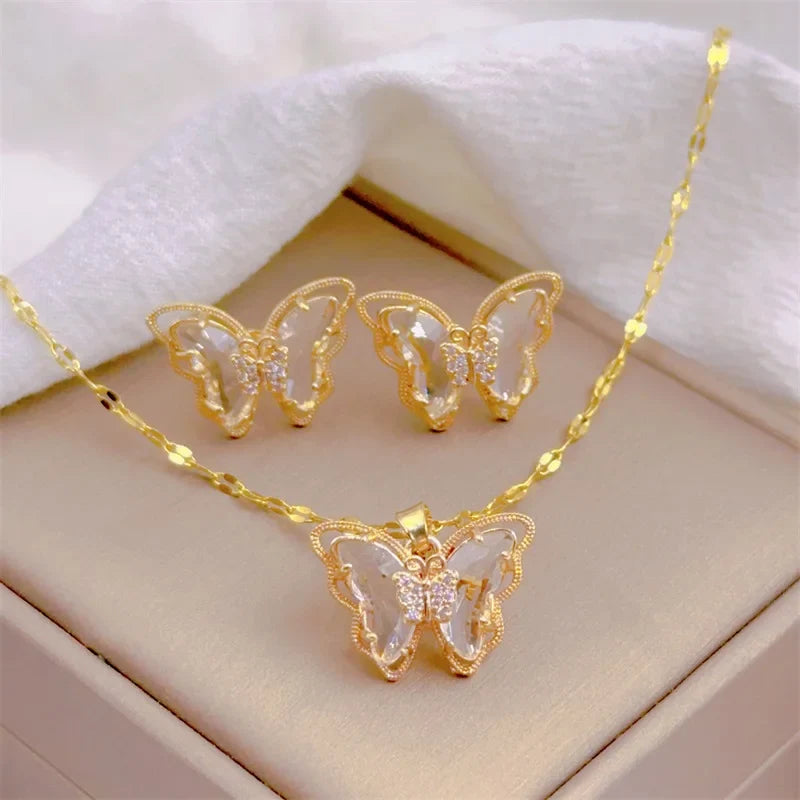 Cute Micro-inlaid Butterfly Necklace Earrings Set