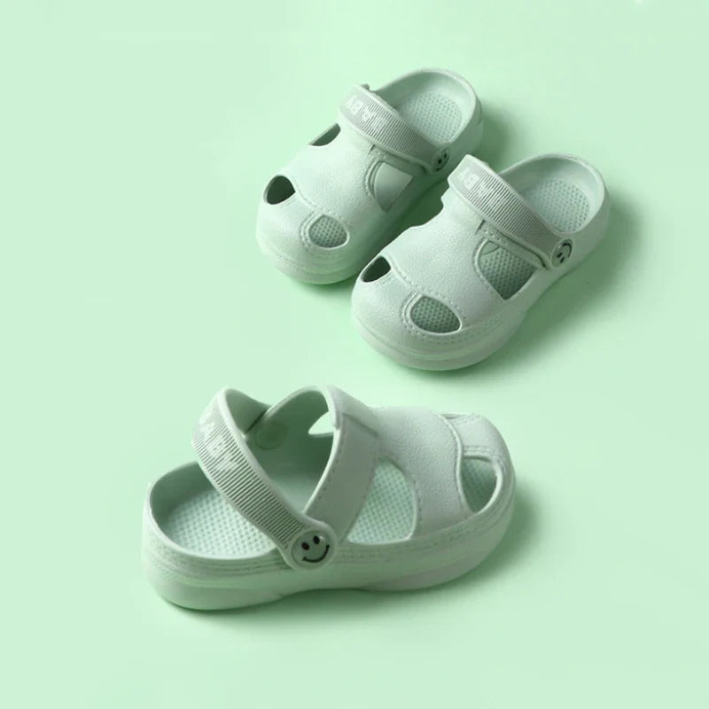 Non-slip soft beach sandals in yellow, teal, pink, and mint green with breathable hole design, ideal for summer wear for men and women.