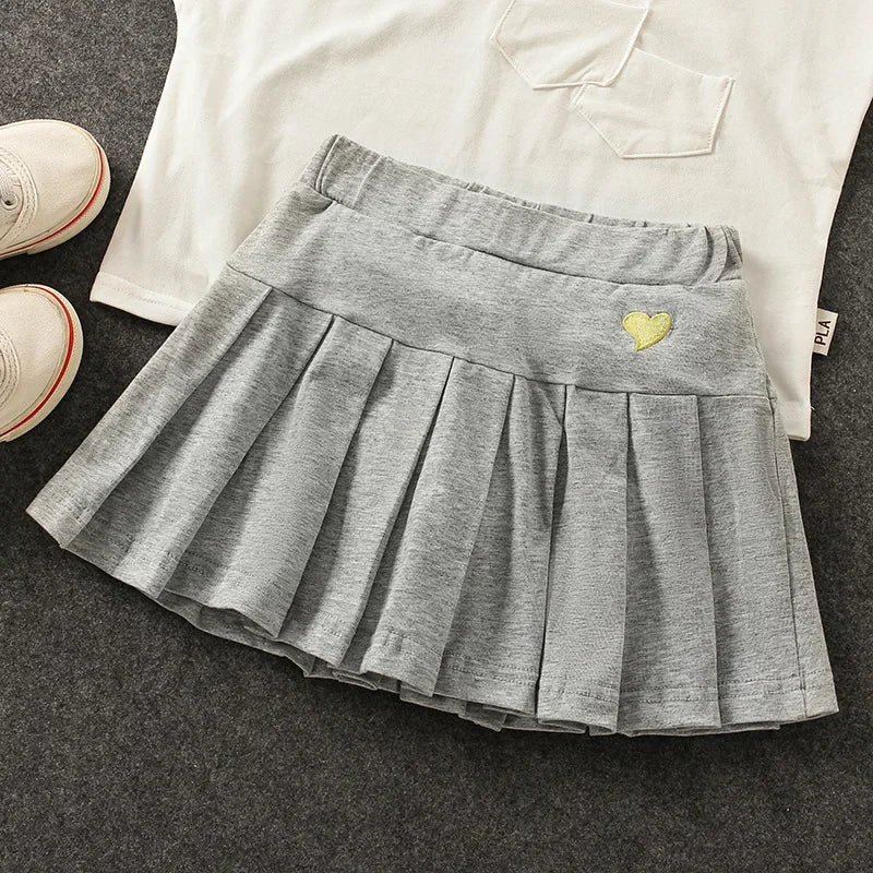 Uniform Culottes Skirts - Pleated All-Match in gray, black, white, pink, and blue with heart embroidery. Stylish and versatile for school or work.