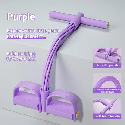 Resistance Bands Set - 6-Tube Bands in pink and gray with foot pedals and T-bar handle. Ideal for versatile strength training and home workouts.