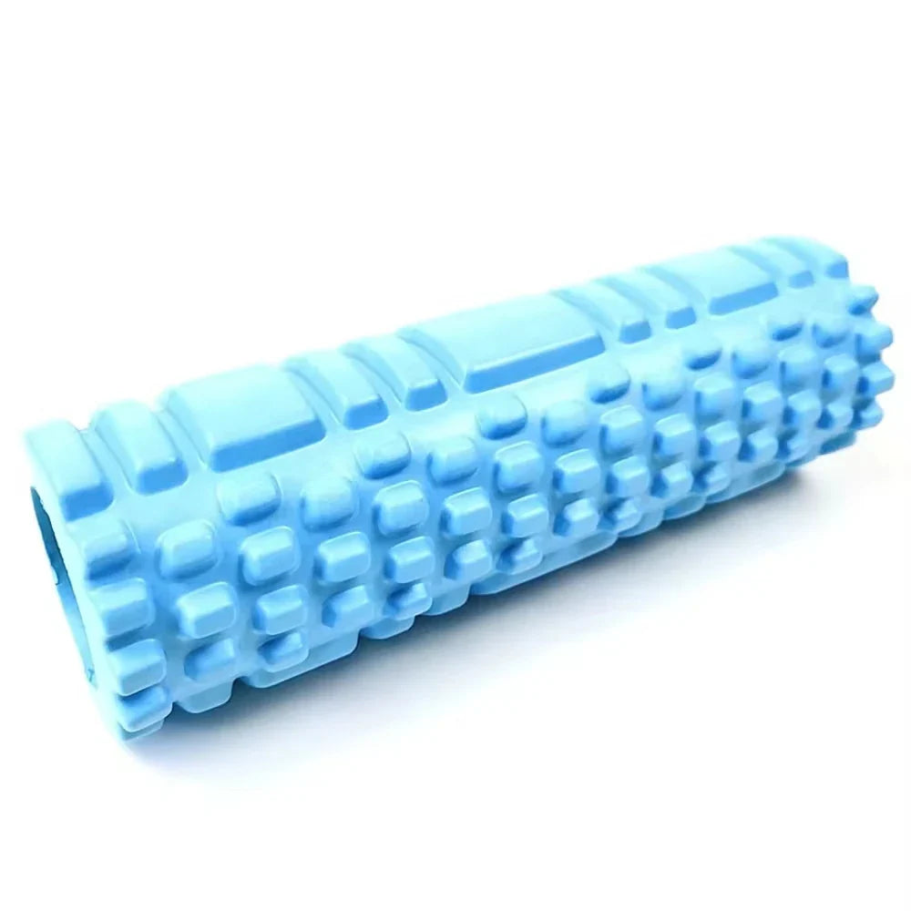 Fitness Pilates Foam Roller in purple used for back massage during workout. EVA material roller ideal for yoga and muscle recovery exercises.