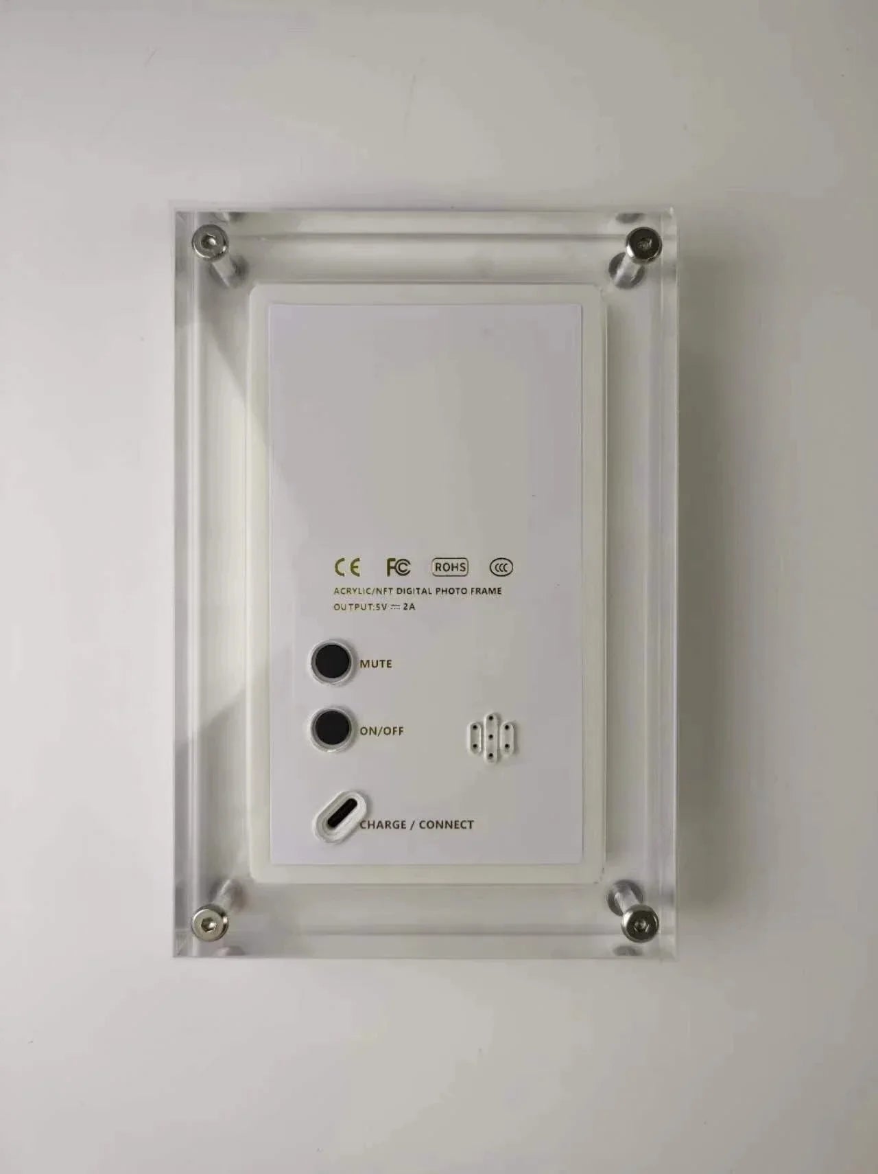 Acrylic Photo Frame - Type C Video Upload displays a winter photo of a mother and child. Clear digital frame with 480x854 IPS screen for vivid playback.