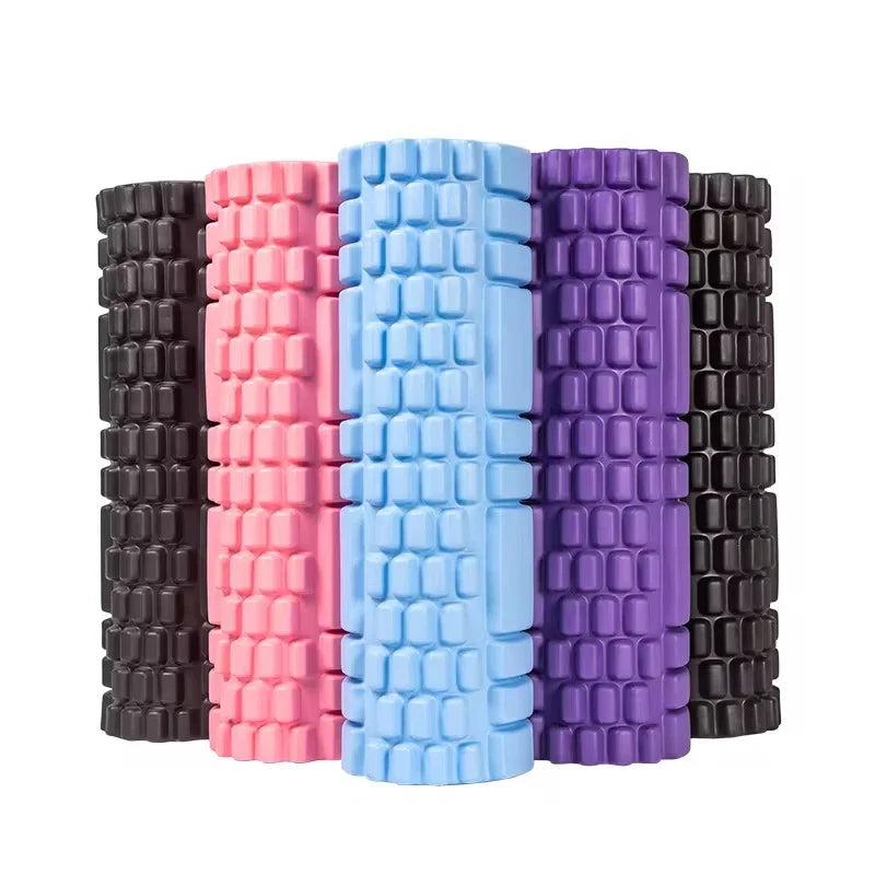 Fitness Pilates Foam Roller in purple used for back massage during workout. EVA material roller ideal for yoga and muscle recovery exercises.