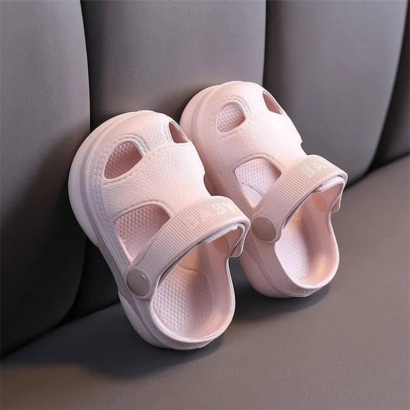 Non-slip soft beach sandals in yellow, teal, pink, and mint green with breathable hole design, ideal for summer wear for men and women.