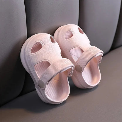 Non-slip soft beach sandals in yellow, teal, pink, and mint green with breathable hole design, ideal for summer wear for men and women.
