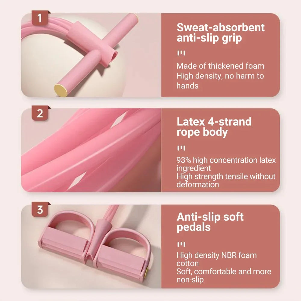 Resistance Bands Set - 6-Tube Bands in pink and gray with foot pedals and T-bar handle. Ideal for versatile strength training and home workouts.