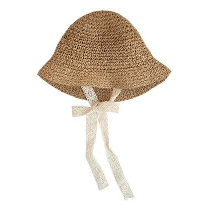 Summer Straw Bow Lace Baby Hat in beige and brown with lace chin ties, ideal for 0-3 years old with 44-54 cm head circumference.