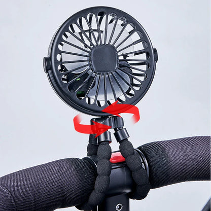 USB Rechargeable Handheld Electric Fan with flexible tripod legs and LED light, ideal for portable cooling on desks or travel use.