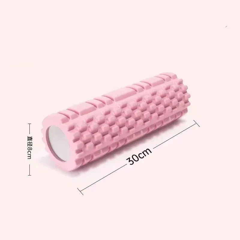 Fitness Pilates Foam Roller in purple used for back massage during workout. EVA material roller ideal for yoga and muscle recovery exercises.