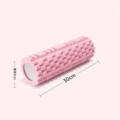 Fitness Pilates Foam Roller in purple used for back massage during workout. EVA material roller ideal for yoga and muscle recovery exercises.