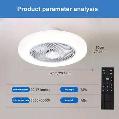 Remote Control Smart Ceiling Fan with integrated LED lights and bladeless design for modern home cooling and lighting. Features wireless smart control.