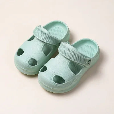 Non-slip soft beach sandals in yellow, teal, pink, and mint green with breathable hole design, ideal for summer wear for men and women.