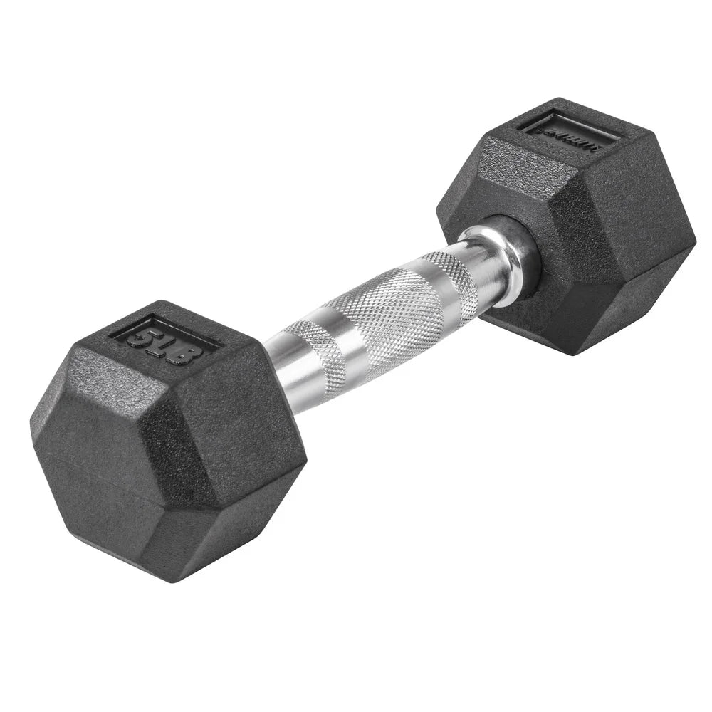 5lbs rubber coated ergonomic handle hex dumbbell with knurled chrome grip, ideal for strength training and home gym workouts.
