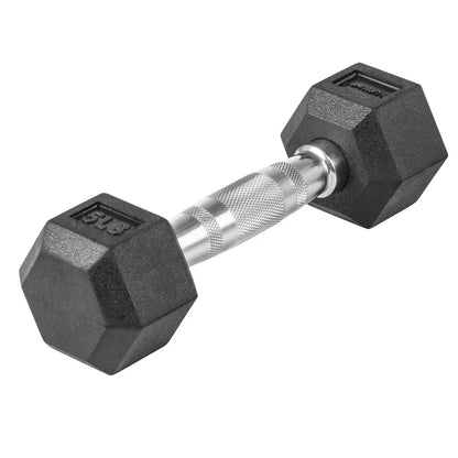 5lbs rubber coated ergonomic handle hex dumbbell with knurled chrome grip, ideal for strength training and home gym workouts.