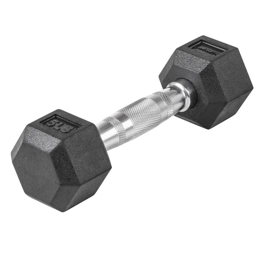 5lbs rubber coated ergonomic handle hex dumbbell with knurled chrome grip, ideal for strength training and home gym workouts.