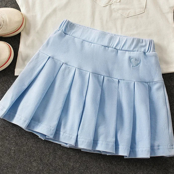 Uniform Culottes Skirts - Pleated All-Match in gray, black, white, pink, and blue with heart embroidery. Stylish and versatile for school or work.