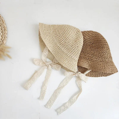 Summer Straw Bow Lace Baby Hat in beige and brown with lace chin ties, ideal for 0-3 years old with 44-54 cm head circumference.