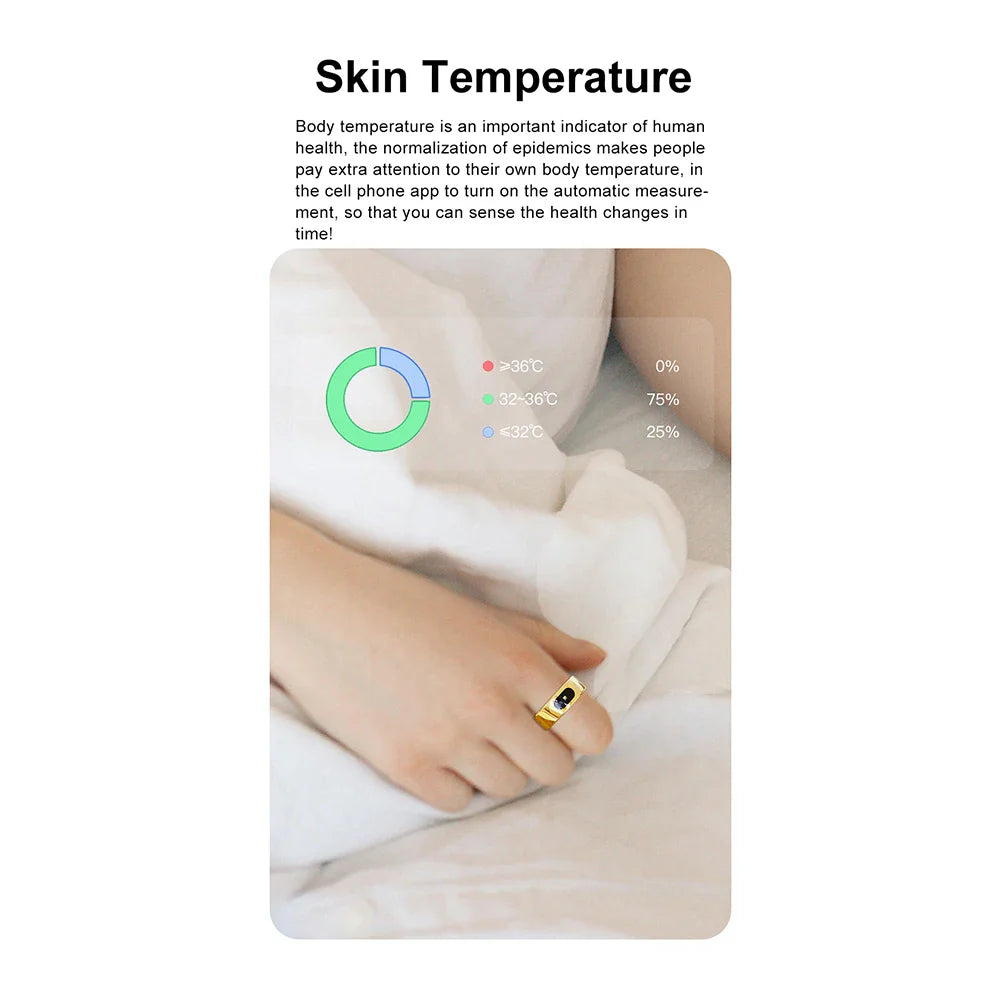 Gold Sports Fitness Tracker Ring with smart sensor, designed for daily activity tracking including steps, distance, and calories burned. Ideal for women’s fitness.