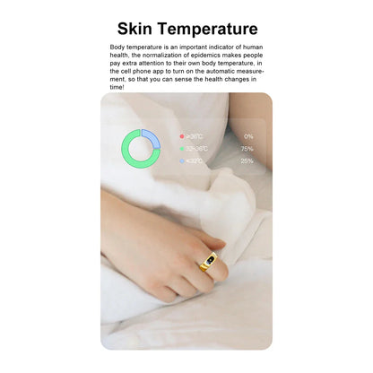 Gold Sports Fitness Tracker Ring with smart sensor, designed for daily activity tracking including steps, distance, and calories burned. Ideal for women’s fitness.