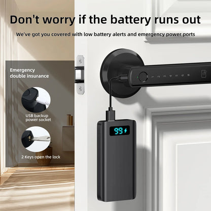 Fingerprint Door Smart Lock with sleek black handle design and app control interface displayed on smartphone screen. Enhances home security and convenience.
