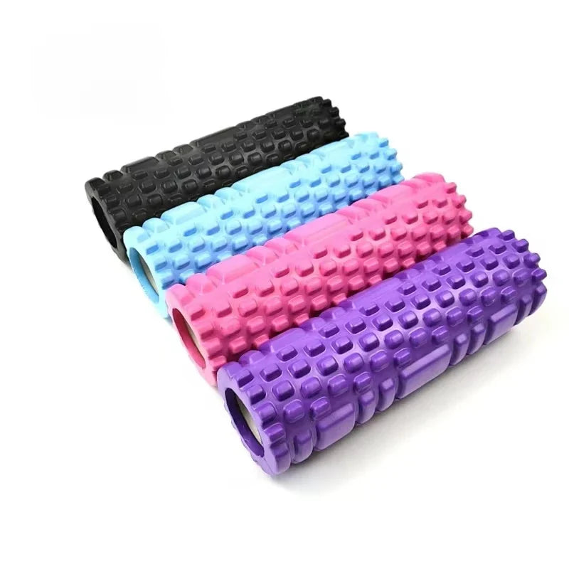 Fitness Pilates Foam Roller in purple used for back massage during workout. EVA material roller ideal for yoga and muscle recovery exercises.