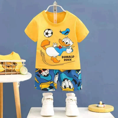 Kids Clothes 2 Piece Set - Cartoon Casual Kids featuring Donald Duck print, yellow t-shirt and blue shorts, ideal for playful comfort and style.