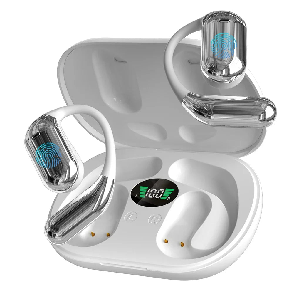 3-in-1 AI Translator Earbuds with wireless charging case shown on desk during a video call. Ideal for real-time translation and noise-cancelling use.