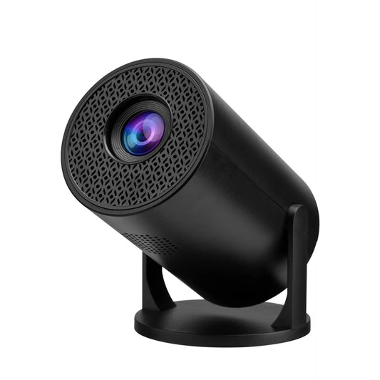 M5 Mini Portable Projector in sleek black design with compact cylindrical body and vivid lens, ideal for portable projection in any space.