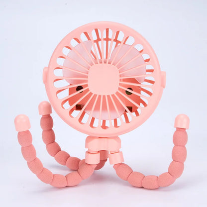 USB Rechargeable Handheld Electric Fan with flexible tripod legs and LED light, ideal for portable cooling on desks or travel use.