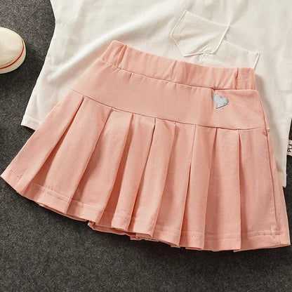 Uniform Culottes Skirts - Pleated All-Match in gray, black, white, pink, and blue with heart embroidery. Stylish and versatile for school or work.