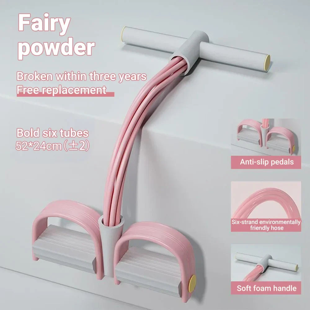 Resistance Bands Set - 6-Tube Bands in pink and gray with foot pedals and T-bar handle. Ideal for versatile strength training and home workouts.