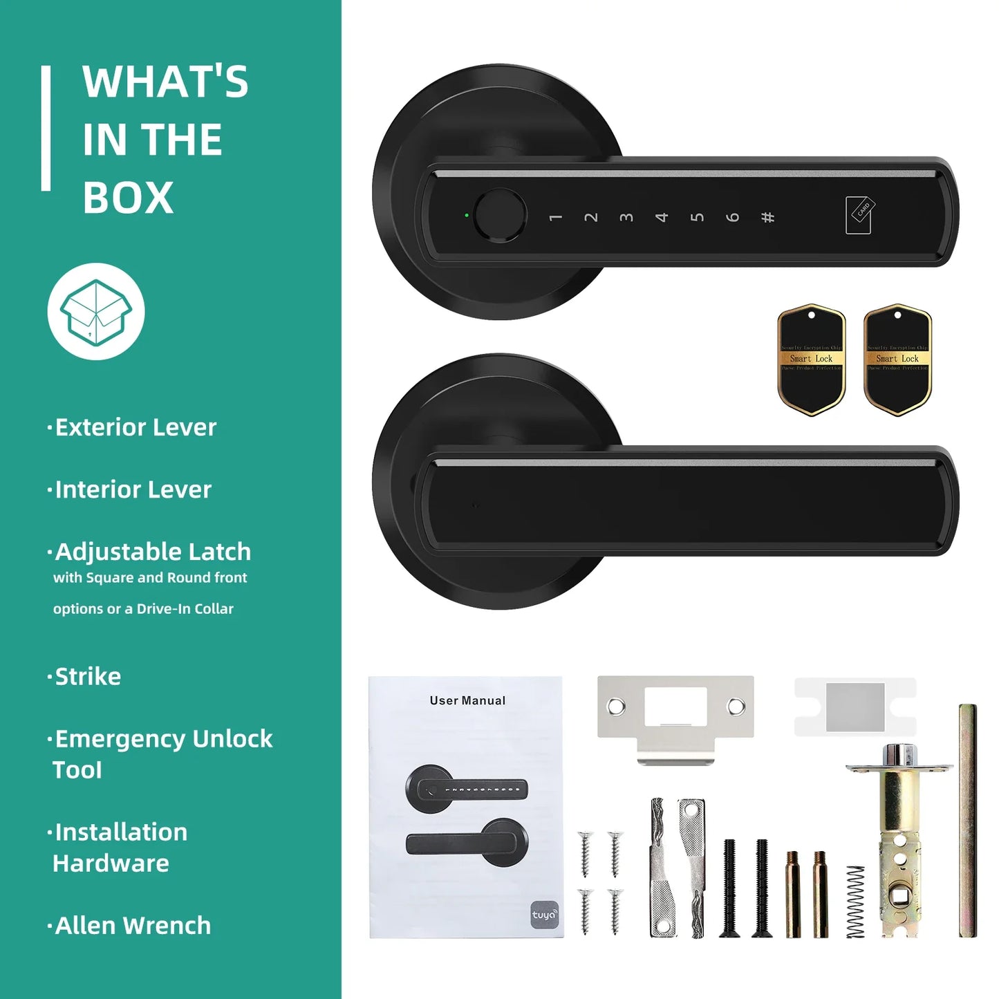 Fingerprint Door Smart Lock with sleek black handle design and app control interface displayed on smartphone screen. Enhances home security and convenience.