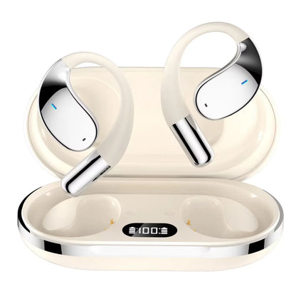 3-in-1 AI Translator Earbuds with wireless charging case shown on desk during a video call. Ideal for real-time translation and noise-cancelling use.