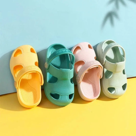 Non-slip soft beach sandals in yellow, teal, pink, and mint green with breathable hole design, ideal for summer wear for men and women.