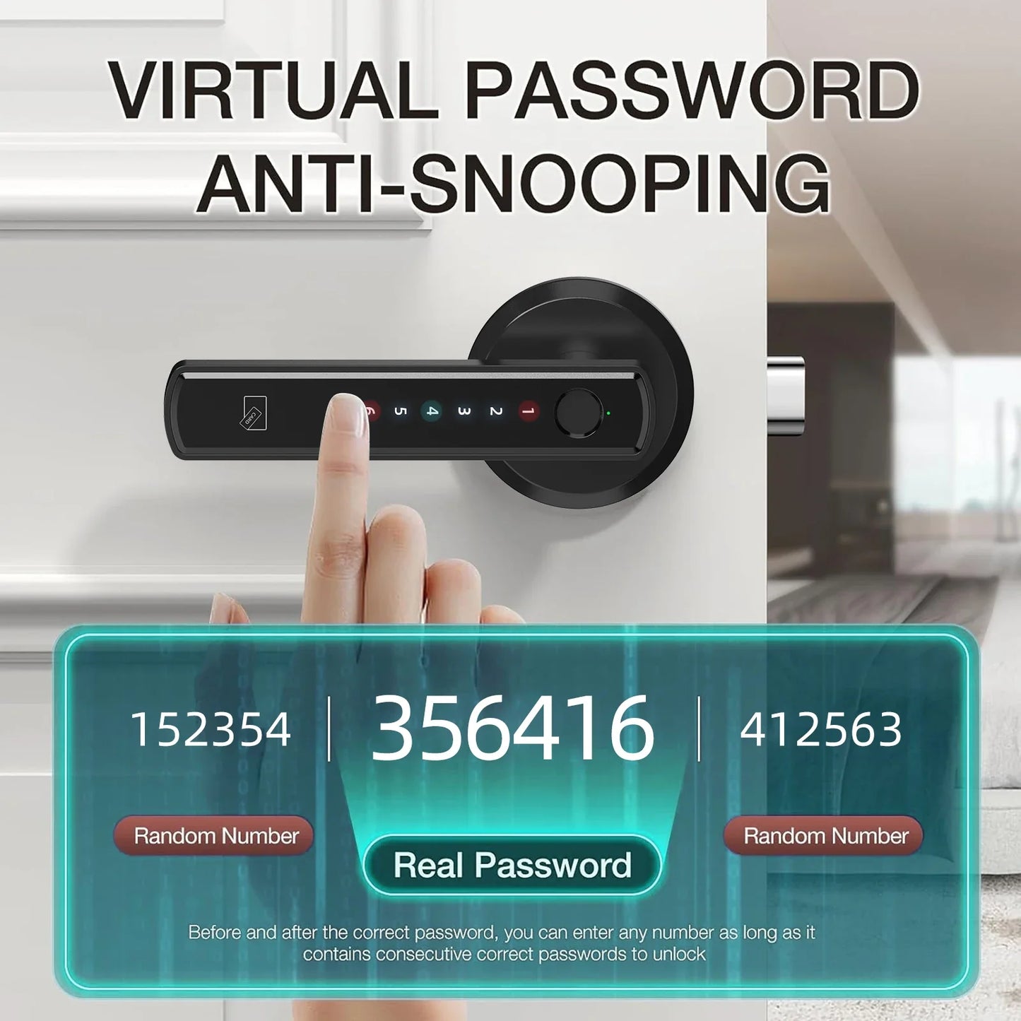 Fingerprint Door Smart Lock with sleek black handle design and app control interface displayed on smartphone screen. Enhances home security and convenience.