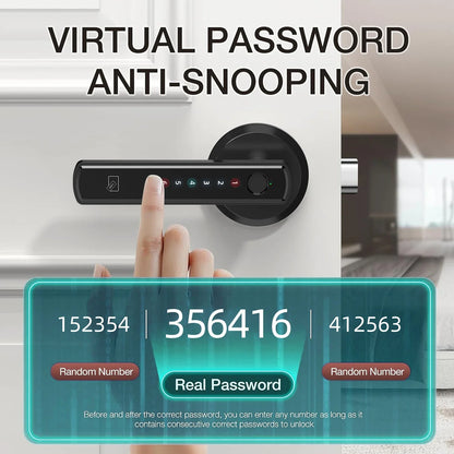 Fingerprint Door Smart Lock with sleek black handle design and app control interface displayed on smartphone screen. Enhances home security and convenience.