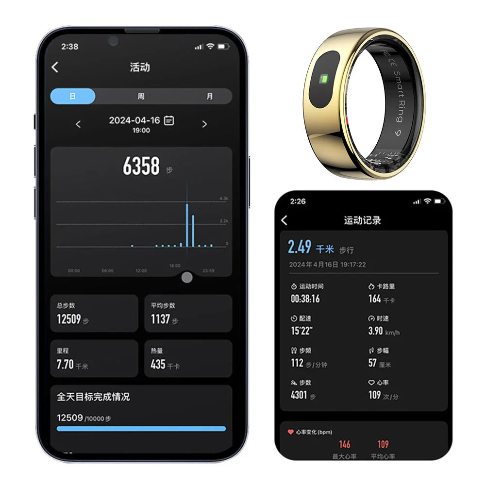 Gold Sports Fitness Tracker Ring with smart sensor, designed for daily activity tracking including steps, distance, and calories burned. Ideal for women’s fitness.