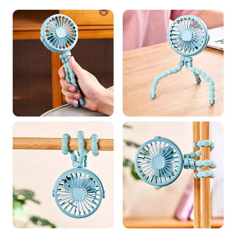 USB Rechargeable Handheld Electric Fan with flexible tripod legs and LED light, ideal for portable cooling on desks or travel use.