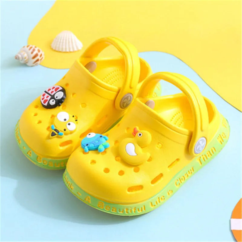 Non-slip soft beach sandals in yellow, teal, pink, and mint green with breathable hole design, ideal for summer wear for men and women.
