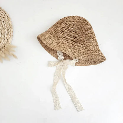 Summer Straw Bow Lace Baby Hat in beige and brown with lace chin ties, ideal for 0-3 years old with 44-54 cm head circumference.